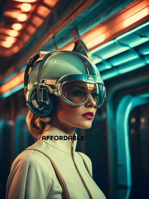 A woman wearing a futuristic helmet