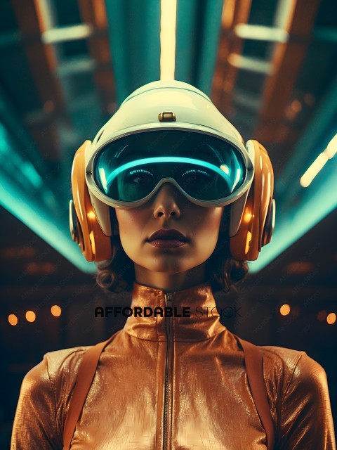 A woman wearing a futuristic looking helmet