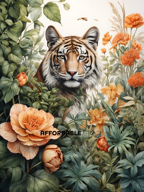 A tiger in a painting surrounded by flowers and plants