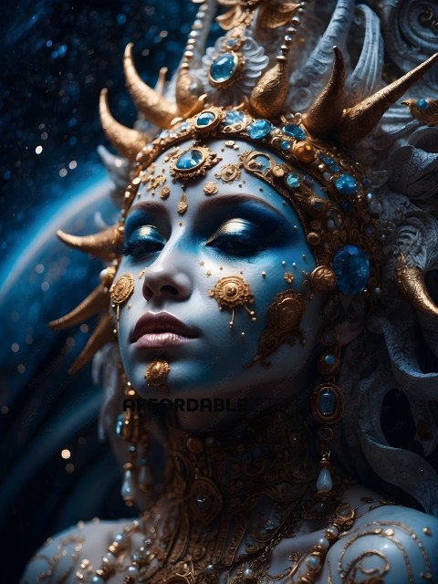 A woman with a gold headpiece and blue makeup