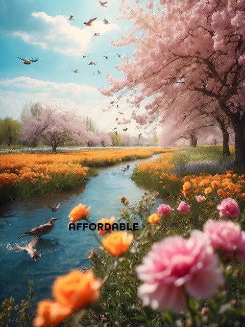 A beautiful painting of a river with pink flowers and birds