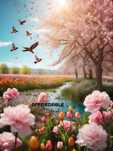 A beautiful painting of a field with pink flowers and birds