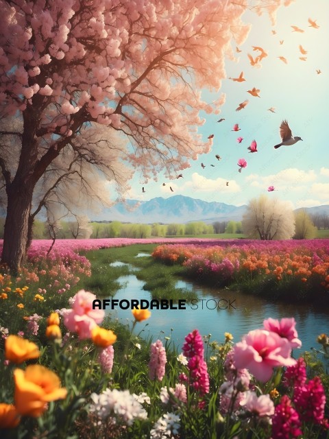 A beautiful painting of a field of flowers with a bird flying over it