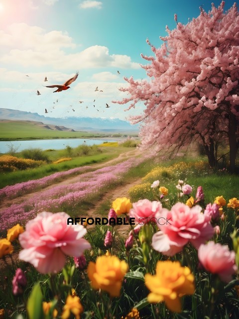 Pink Flowers and Blossoming Trees in a Field