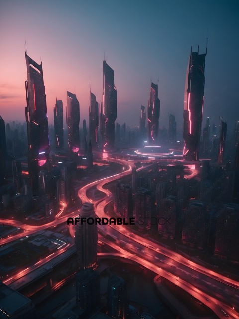 A futuristic city with a lot of skyscrapers and a lot of traffic