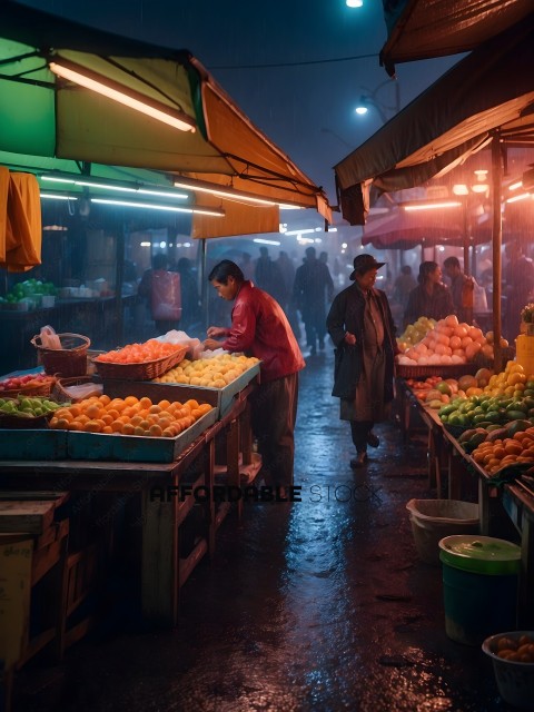 A Market at Night with People and Fruit