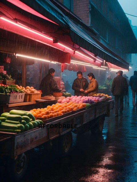 People shopping at an outdoor market in the rain