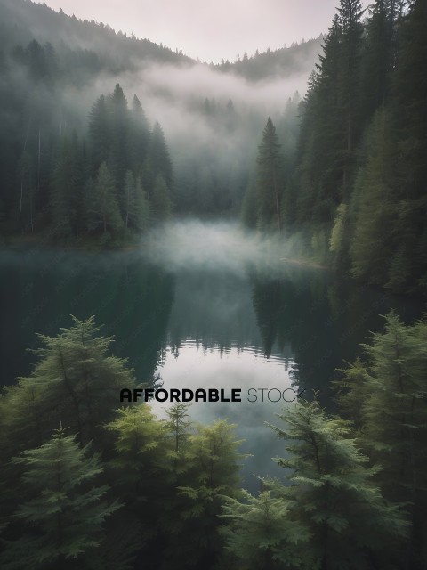 A serene forest scene with a misty lake