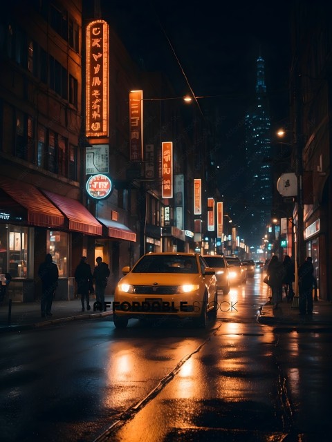 A yellow car driving down a busy street at night