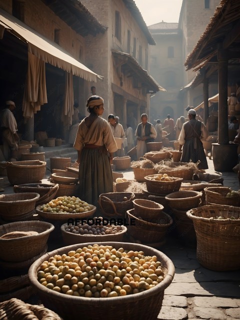 Marketplace with people and baskets of fruit