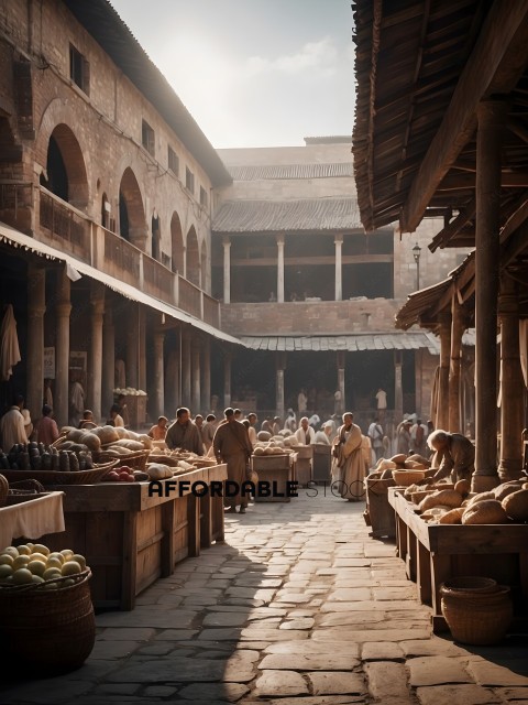 Marketplace with people shopping for food