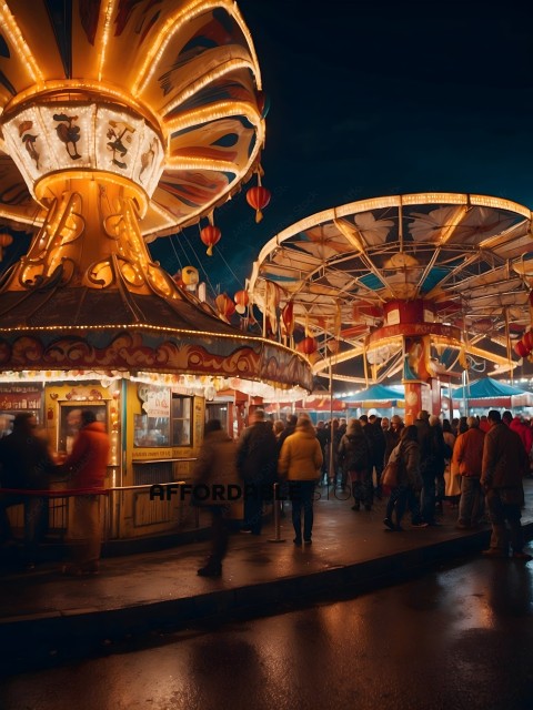 People walking around a carnival at night