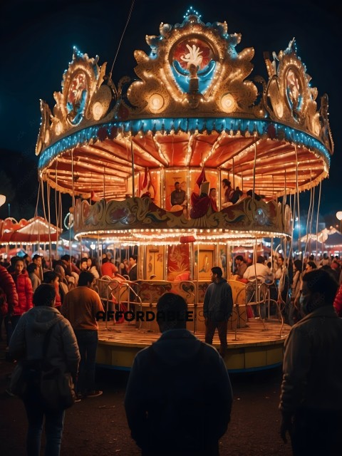 People Riding a Carousel at Night