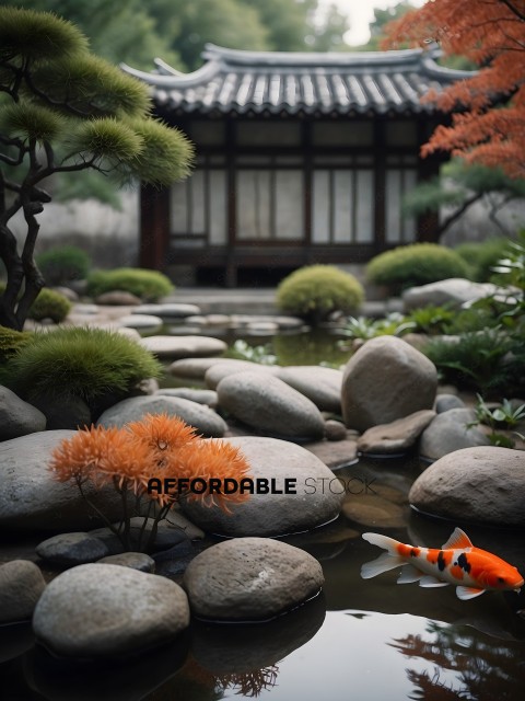 A small orange fish swims in a pond with rocks