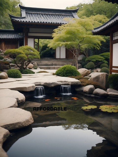 A Japanese garden with a pond and waterfall