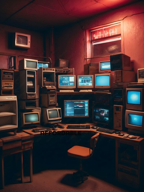 A cluttered room with a desk full of old computers