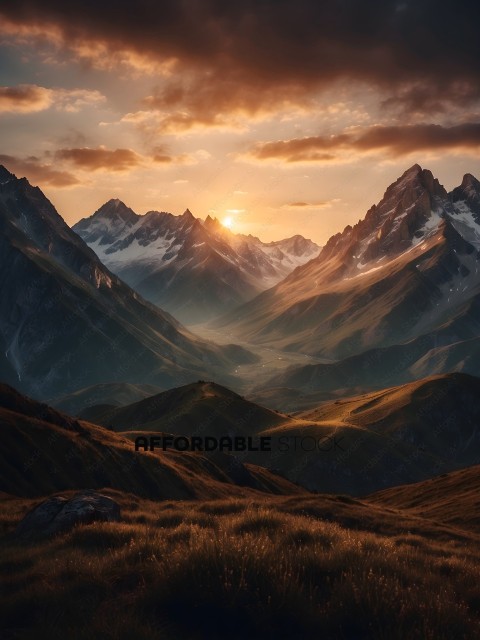 A beautiful mountain landscape with a sunset