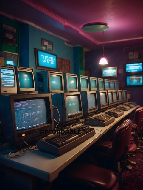 A row of old computer monitors sit on a table