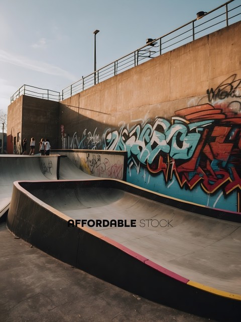 Skateboarders at a skate park with graffiti on the walls