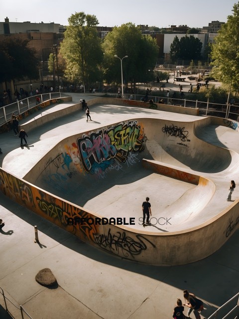 Skateboarders at a skate park with graffiti