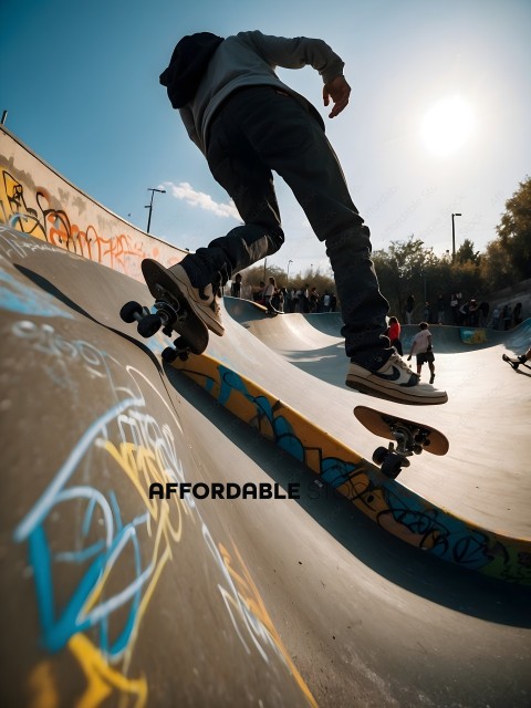 Skateboarder on ramp with graffiti