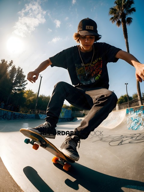 Skateboarder in black shirt and hat doing a trick
