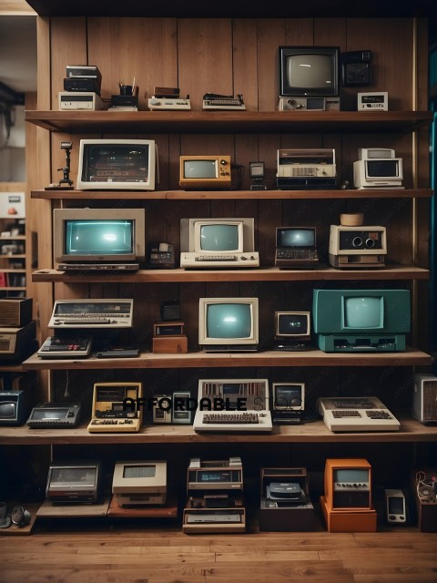 A collection of old computer monitors on a wooden shelf