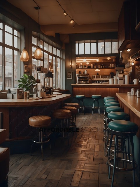 A bar with a blue interior and wooden stools