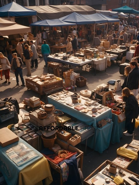 A Flea Market with Many Tables and People