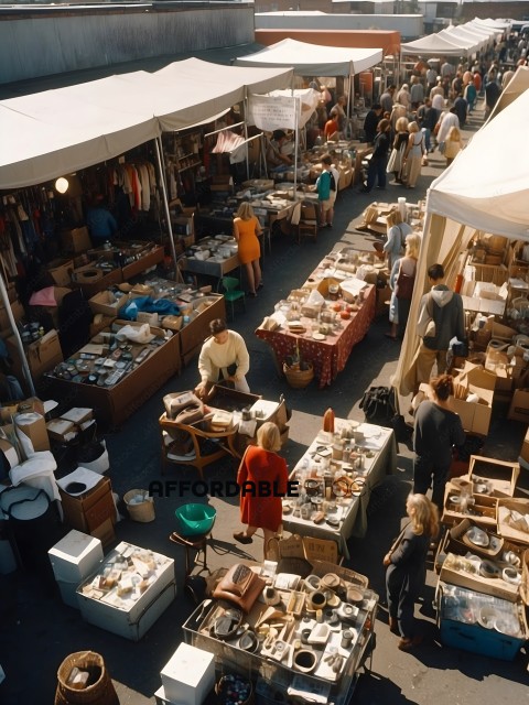 A Flea Market with Many Vendors and Shoppers