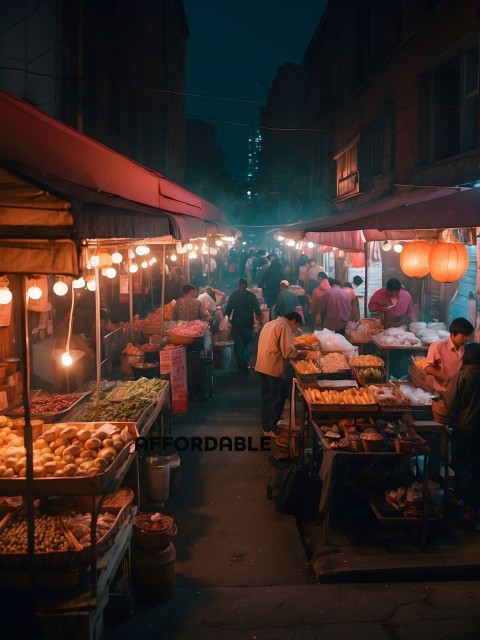A Market at Night with People Shopping