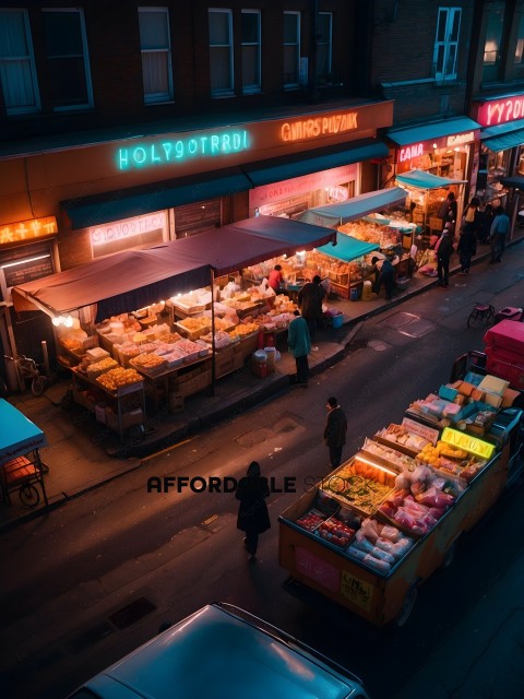 A nighttime view of a market with neon signs