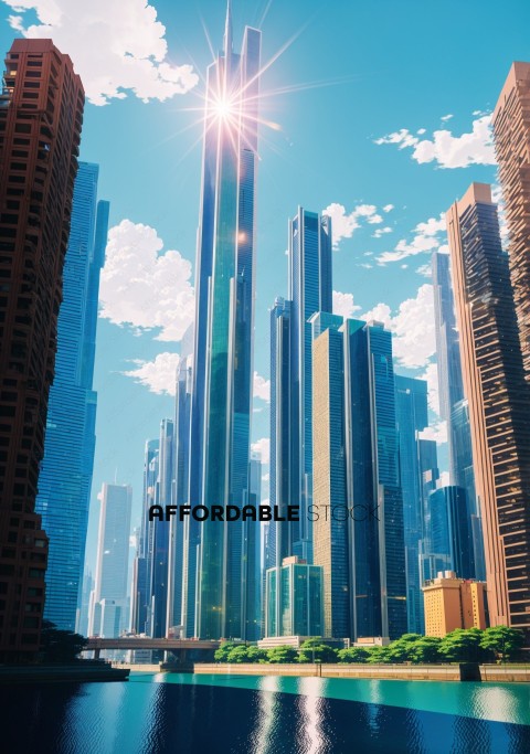 Modern Cityscape with Sun Flare and River