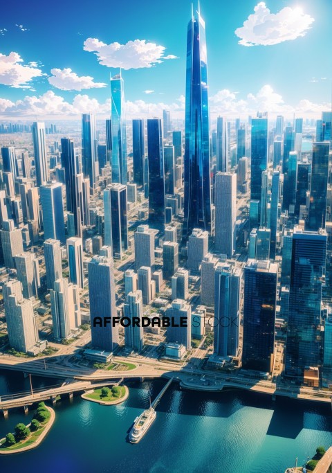 Futuristic City Skyline with Skyscrapers and Waterways