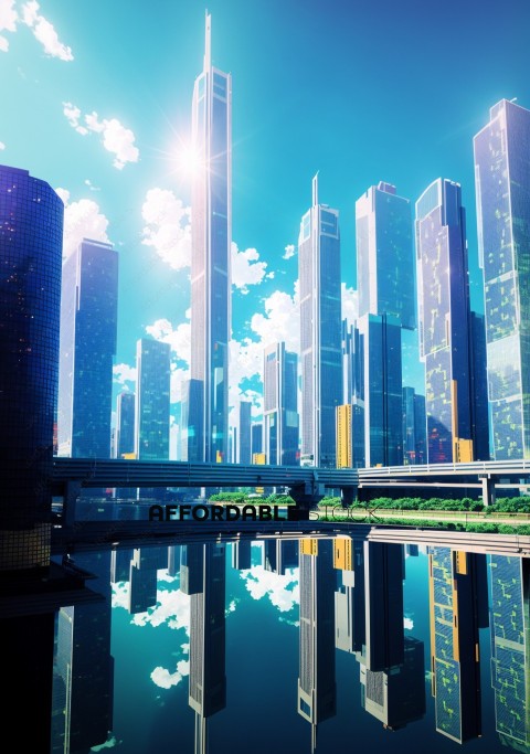 Futuristic Cityscape with Reflections and Sun Flare
