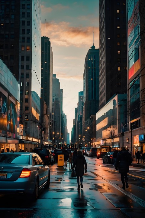 Urban Twilight Cityscape with Pedestrians