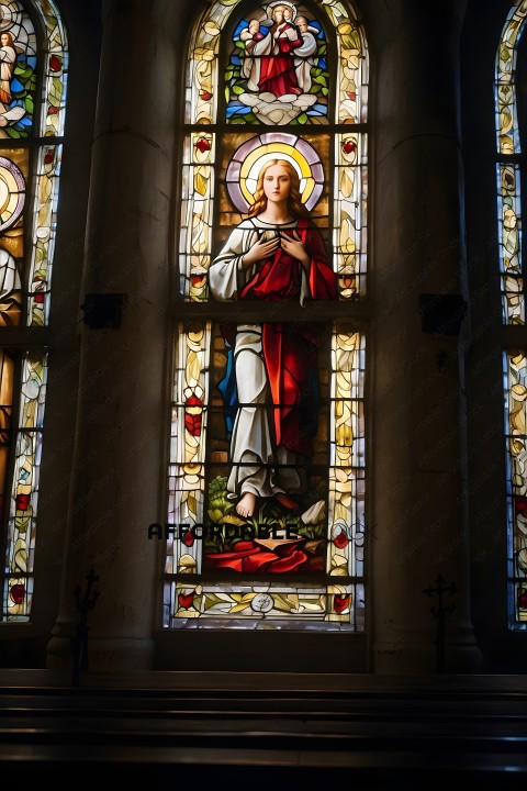 A stained glass window of Mary and Jesus