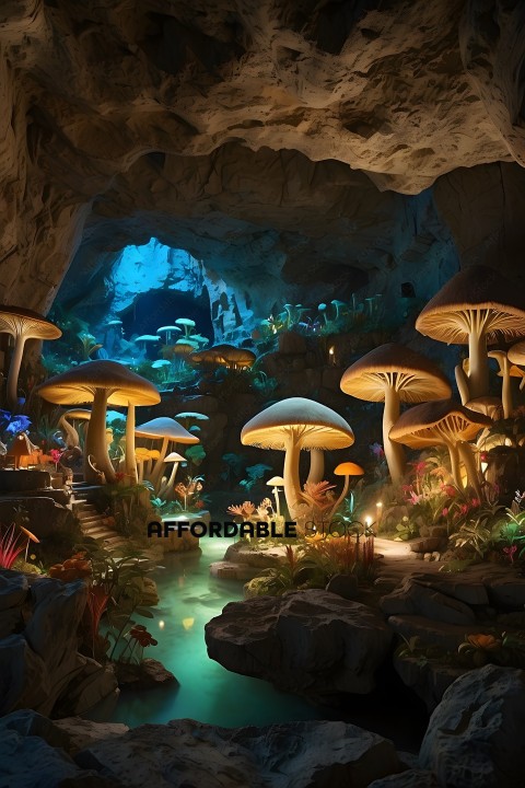 A group of mushrooms in a cave