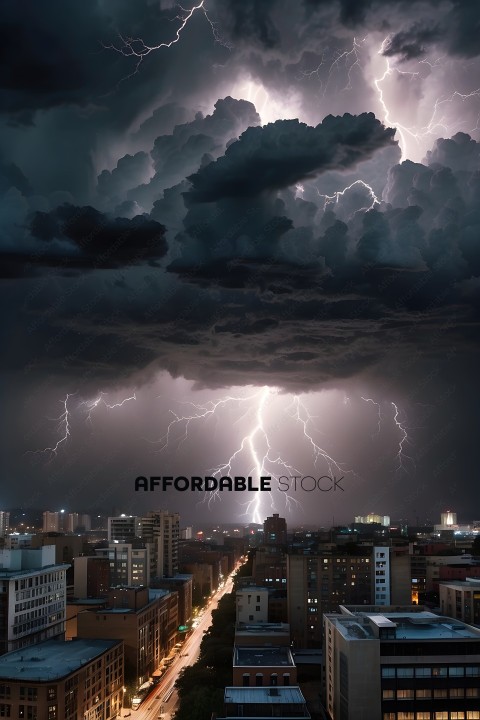 A city skyline with a lightning bolt in the sky