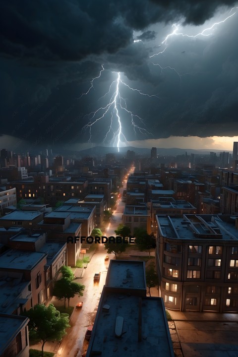 A city skyline with a lightning bolt in the background