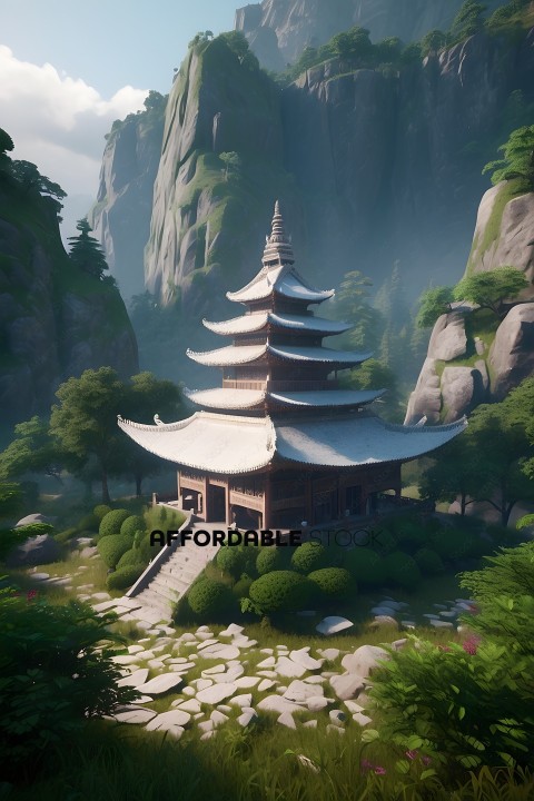 Ancient Chinese Temple with a Mountain in the Background