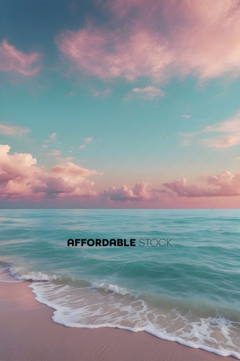 A beautiful beach scene with a pink and blue sky