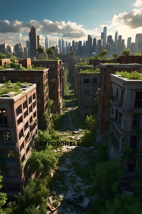 A cityscape with a lot of rubble and grass growing on the roofs