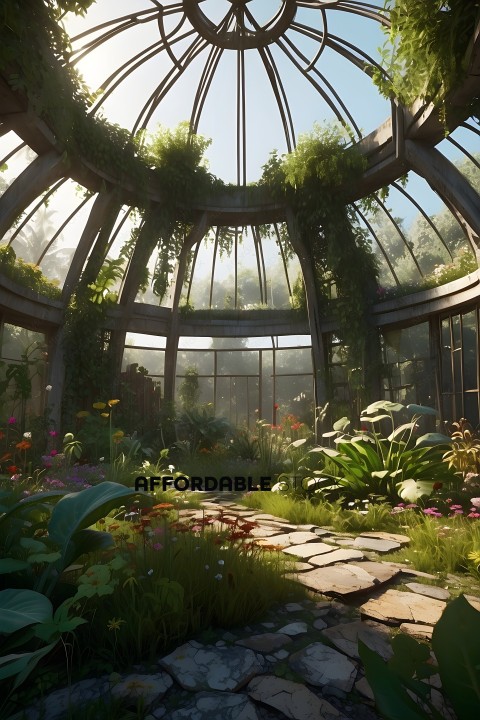 A beautiful garden with a greenhouse and a lot of plants