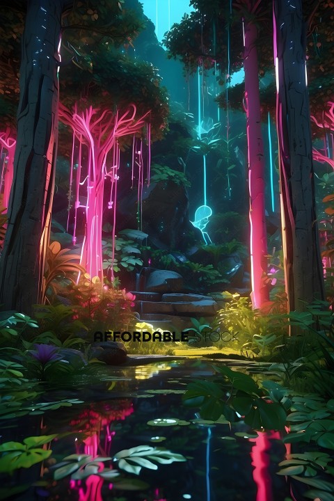 A colorful, fantastical scene of a forest with a pink sky