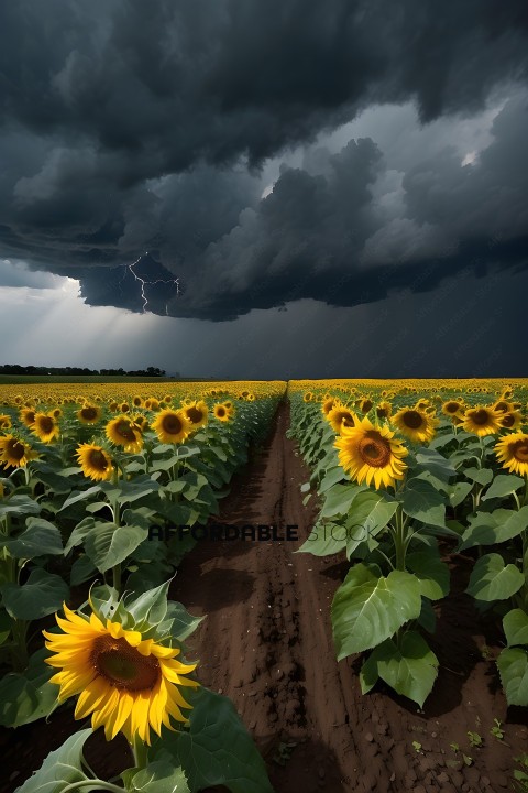 A field of sunflowers with a storm approaching