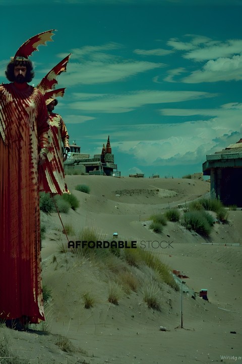A man in a red costume stands on a sandy hill
