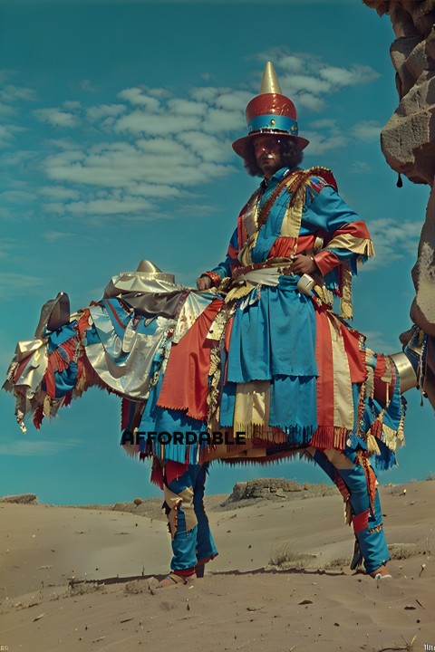 A man dressed in a colorful costume stands next to a decorated camel