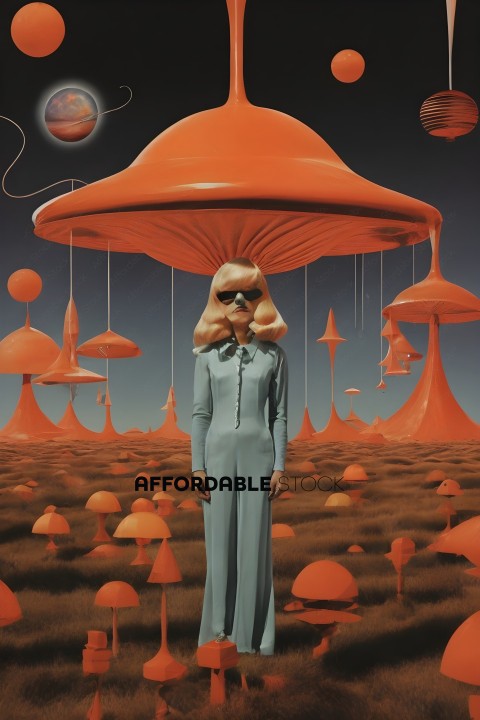 A woman in a blue dress stands in a field of orange mushrooms