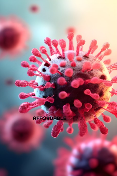 A close up of a virus with pink spikes